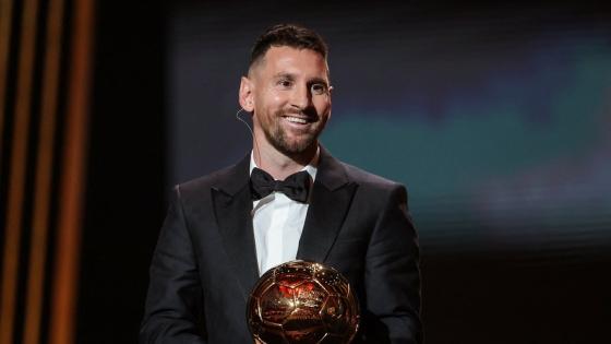 Inter Miami CF's Argentine forward Lionel Messi receives his 8th Ballon d'Or award during the 2023 Ballon d'Or France Football award ceremony at the Theatre du Chatelet in Paris on October 30, 2023. (Photo by FRANCK FIFE / AFP)